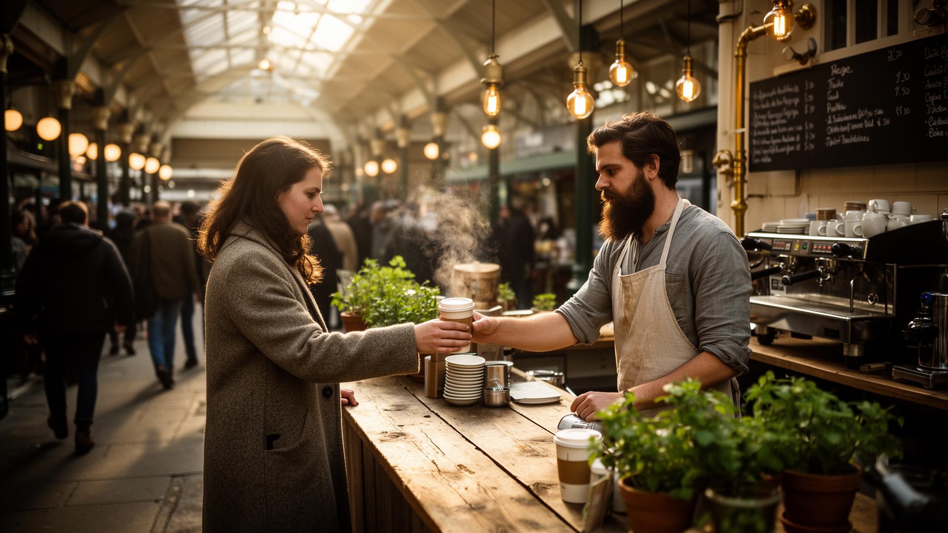 Pop-up café barista serving a customer